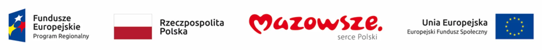 Logo Funduszy Europejskich, flaga Polski z napisem „Rzeczpospolita Polska”, napis „Mazowsze serce Polski” oraz flaga Unii Europejskiej z napisem „Unia Europejska Europejski Fundusz Społeczny”.